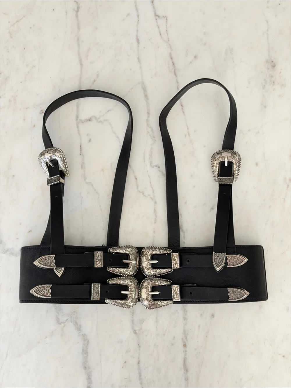 Black Western Double Buckle Waist Belt Harness Size M/L